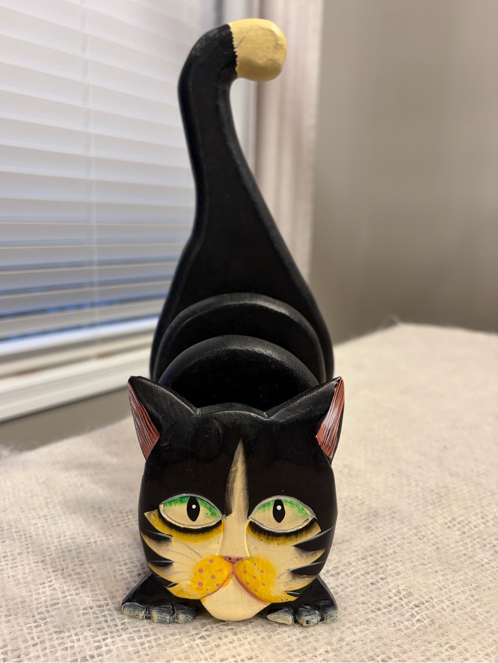 Vintage Wooden Folk Art Black Cat Desk Organizer, mail/ plate /Letter Holder
